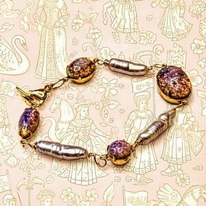 Pink Fire Opal In Glass And Baroque Pearls In Rae Tennis Bracelet Gold Plated